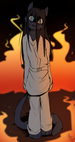ambiguous_gender anthro biped black_body black_fur black_hair black_nose bottomwear clothed clothing fire front_view fur hair long_hair looking_at_viewer pants restraints solo standing straitjacket white_bottomwear white_clothing white_pants fuf domestic_cat felid feline felis mammal 2018 hi_res
