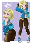 blonde_hair butt clothing female green_eyes hair hoodie humanoid_pointy_ears midriff not_furry pointy_ears solo topwear triforce centinel303 breath_of_the_wild nintendo the_legend_of_zelda princess_zelda humanoid hylian 2021 3:4