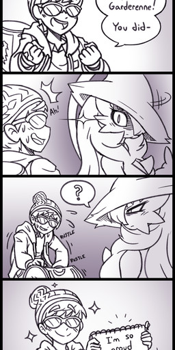 big_breasts breasts dialogue female interrobang male question_mark text rakkuguy nintendo pokemon victor_(pokemon) gardevoir generation_3_pokemon generation_8_pokemon hatterene human hybrid mammal obstagoon pokemon_(species) absurd_res comic english_text hi_res monochrome