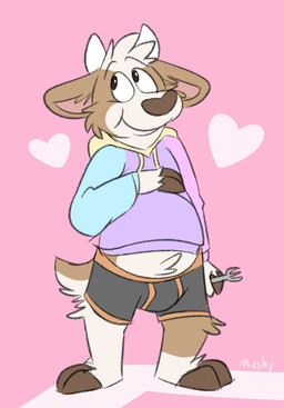 anthro barefoot black_boxer_briefs black_clothing black_underwear blue_clothing blue_hoodie blue_topwear boxer_briefs brown_body brown_fur brown_nose bulge clothing colored_seam_underwear cutlery feet fork fur heart_symbol hoodie hooves horn kitchen_utensils male pink_background pink_clothing pink_hoodie pink_topwear purple_clothing purple_hoodie purple_topwear red_seam_boxer_briefs red_seam_underwear simple_background smile solo tan_body tan_fur tools toony topwear two_tone_boxer_briefs underwear yellow_clothing yellow_hoodie yellow_topwear mushketeery bovid caprine goat mammal hi_res