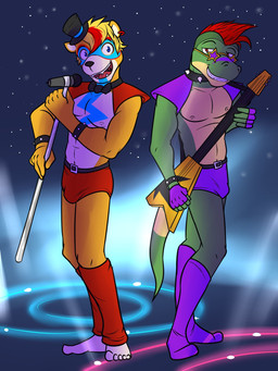 alternate_species anthro anthrofied bass_guitar bow_tie briefs bulge clothed clothing collar duo ear_piercing ear_ring electronics eyewear feet footwear furrification glasses guitar hat headgear headwear holding_guitar holding_microphone holding_musical_instrument holding_object humanoid_feet knee_highs knee_socks leg_warmers legwear male microphone microphone_stand mohawk musical_instrument navel nipples piercing plantigrade plucked_string_instrument ring_piercing shoulder_pads socks spiked_collar spikes star_glasses string_instrument top_hat topless underwear underwear_only fuze five_nights_at_freddy's five_nights_at_freddy's:_security_breach scottgames steel_wool_studios glamrock_freddy montgomery_gator alligator alligatorid bear crocodilian mammal reptile scalie 2022 3:4 hi_res