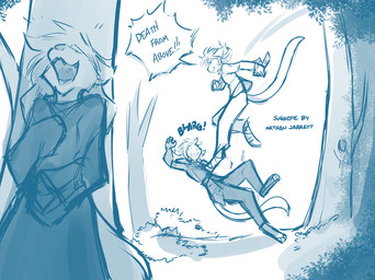 anthro attack biped clothed clothing dialogue digitigrade falling feet female flying_kick foot_wraps forest group hiding jumping kick laugh male midair open_mouth outside pain plant robe simple_background smile sound_effects speech_bubble text tree white_background wraps yelling conditional_dnp tom_fischbach twokinds keith_keiser madelyn_adelaide natani basitin canid canine canis keidran mammal wolf 2017 adobe_photoshop_(artwork) blue_and_white digital_media_(artwork) english_text monochrome sketch trans_(lore) trans_man_(lore)