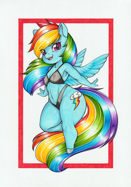 anthro anthrofied blue_body blue_feathers blush breasts chibi clothed clothing cutie_mark eyebrow_through_hair eyebrows feathers female fingers hair hooves long_hair looking_at_viewer multicolored_hair nipples open_mouth purple_eyes rainbow_hair raised_leg small_breasts solo thick_thighs translucent translucent_clothing translucent_hair wide_hips wings longinius friendship_is_magic hasbro my_little_pony mythology rainbow_dash_(mlp) equid equine mammal mythological_creature mythological_equine pegasus absurd_res full-length_portrait hi_res portrait traditional_media_(artwork)