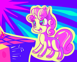 female feral fur green_eyes hair horn long_hair multicolored_hair open_mouth smile solo speaker stage star text tongue two_tone_hair white_body white_fur young young_feral handsockz friendship_is_magic hasbro my_little_pony mythology sweetie_belle_(mlp) equid equine mammal mythological_creature mythological_equine unicorn
