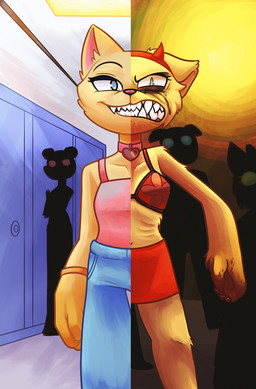 ambiguous_gender anthro anthrofied bared_teeth blood blood_on_hand bodily_fluids bottomwear bra bracelet choker claws clothing collarbone denim denim_bottomwear denim_clothing detailed_background dual_persona ears_down emaciated female finger_claws fur group handpaw jeans jewelry light locker makeup mascara midriff miniskirt narrow_hips navel necklace pants paws pivoted_ears pointy_ears prick_ears ribs running_makeup running_mascara sharp_teeth shirt skinny skirt smile split_screen tank_top teeth topwear underwear y2k_(fashion) yellow_body yellow_fur paperbagedhead hasbro littlest_pet_shop littlest_pet_shop:_popular brooklyn_hayes lps_339 american_shorthair domestic_cat felid feline felis mammal hi_res