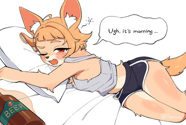 ahoge alcohol alcohol_bottle anthro beer beer_bottle beverage beverage_bottle black_bottomwear black_clothing black_shorts black_text bodily_fluids bottle bottomwear brown_nose clothing container crop_top dolphin_shorts drooling drooling_on_pillow ellipsis eyebrows female grey_clothing grey_topwear hair hotpants hungover inner_ear_fluff open_mouth orange_ears orange_eyebrows orange_hair orange_tail pillow pink_inner_ear red_eyes saliva shirt shorts simple_background snout solo speech_bubble spilled_alcohol spilled_beverage spilled_drink stained_sheets tail tears text topwear tuft waking_up white_background white_bed_sheet white_inner_ear_fluff white_pillow appoco amelia_(appoco) canid canine canis chihuahua domestic_dog mammal toy_dog 2026 colored digital_drawing_(artwork) digital_media_(artwork) english_text hi_res