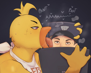 4_fingers anthro apron apron_only beak big_breasts bodily_fluids breasts breath brown_hair clothing drooling duo face_lick female fingers grey_clothing grey_hat grey_headwear hair hat head_grab headgear headwear heart_symbol human_on_anthro interspecies licking looking_at_another looking_down male male/female moan nervous onomatopoeia open_mouth orange_beak pupils purple_eyes saliva side_view sound_effects sweat tan_body tan_skin text tongue white_apron white_clothing hewa five_nights_at_freddy's scottgames chica_(fnaf) classic_chica_(fnaf) avian bird chicken galliform human mammal phasianid 2025 english_text hi_res