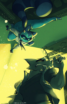 4_fingers anthro baseball_bat bat_(object) blue_body blue_fur bottomwear breasts clothed clothed_anthro clothed_female clothed_male clothing denim denim_bottomwear denim_clothing duo female fingers fur grey_body grey_fur hiding humanoid_hands jeans looking_at_another male markings pants ring_(marking) ringed_tail striped_markings striped_tail stripes tail tail_markings teeth squiderdoodle cazadora_(rentonreverb) canid canine canis mammal procyonid raccoon wolf hi_res