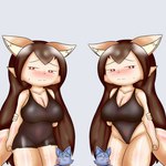 anthro bottomwear clothed clothing duo embarrassed female feral leg_lick licking looking_at_viewer male shy simple_background thick_thighs tight_bottomwear tight_clothing tight_topwear tongue topwear nameigo inumizaru mammal 1:1 absurd_res hi_res