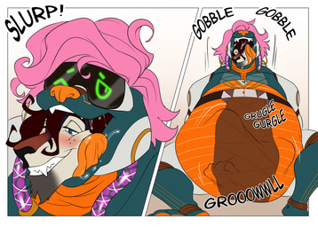 abdominal_bulge anthro belly big_belly bodily_fluids circuit_markings duo green_eyes hair heterochromia male markings metallic_body nude oral_vore orange_body pink_hair red_hair rumbling_stomach saliva size_difference slime swallowing visor_eyes vore nombonanza the_crown_of_leaves malachi_volta sylo_(malachivolta) dyno_(malachivolta) robot_anthro sahash hi_res