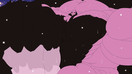 abs anthro autofellatio big_muscles big_penis black_body black_fur black_tail blush bodily_fluids buckteeth floppy_ears fur genitals growth huge_muscles huge_penis hyper hyper_genitalia hyper_muscles hyper_penis macro male masturbation muscle_growth muscular open_mouth oral oral_masturbation pecs penile penile_masturbation penis penis_in_mouth pink_body pink_eyes pink_fur pink_sclera rabbit_ears solo space star sweat tail tail_mouth teeth unusual_anatomy unusual_tail lewdy_ludi maen lagomorph leporid mammal rabbit 16:9 hi_res widescreen