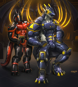 2_horns abs anthro barazoku biceps big_muscles biped curved_horn duo horn machine male muscular muscular_anthro muscular_male pecs sitting standing tail glaucablitz mythology android dragon mythological_creature mythological_scalie robot scalie synth_(vader-san) 2023 hi_res