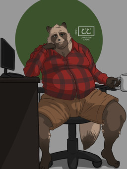 anthro belly bottomwear brown_body brown_fur chair clothing computer container cup electronics fur furniture humanoid_hands male overweight overweight_anthro overweight_male shirt shorts sitting solo topwear chancellorchomb canid canine mammal raccoon_dog tanuki 2021 3:4 hi_res