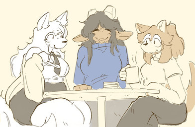 anthro cake clothing container cup dessert female fluffy food furniture group happy sitting steam sweater table topwear trio catjamn aurora_(galacteasers) karina_(catjamn) khael_(khamii) bovid canid canine canis caprine domestic_dog goat mammal 2025 colored trans_(lore) trans_woman_(lore)