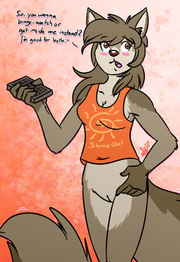 anthro blush bottomless clothed clothing controller female genitals hair inviting_to_sex long_hair open_mouth remote_control shirt solo speech_bubble standing tail talking_to_viewer text topwear vulva scorpiogustavo canid canine canis mammal wolf english_text