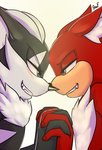2020 anthro anthro_on_anthro black_body black_fur black_nose blue_eyes blush canid canine canis chest_tuft comic cover cover_art cover_page custom_character_(sonic_forces) duo ear_tuft eye_contact eye_reflection facial_horn fangs fur gadget_the_wolf glistening glistening_eyes grin half-closed_eyes hand_holding hi_res horn infinite_(sonic) interlocked_fingers interspecies jackal krazyelf looking_at_another male male/male mammal narrowed_eyes nose_horn nude orange_eyes red_body red_fur reflection sega simple_background smile sonic_forces sonic_the_hedgehog_(series) striped_body striped_fur stripes teeth tuft white_background white_body white_fur wolf