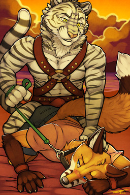 5_fingers abs anthro arm_support athletic bdsm beach biceps biped black_body black_fur black_nose black_stripes blue_eyes blush bondage bottomwear bound bracelet brown_body brown_bottomwear brown_clothing brown_fur brown_markings brown_tail bulge cheek_tuft claws clothed clothing cloud collar countershade_face countershading denim denim_bottomwear denim_clothing detailed_background dipstick_tail dominant dominant_male duo erection eyebrows facial_markings facial_tuft fingers fluffy fluffy_tail front_view fur fur_markings fur_tuft gloves_(marking) grey_bottomwear grey_clothing grin half-closed_eyes hand_on_back harness head_markings holding_leash holding_object humanoid_hands imminent_sex inner_ear_fluff interspecies jeans jewelry kneeling leash leash_pull leucistic looking_back looking_down lying male male/male markings multicolored_body multicolored_fur multicolored_tail muscular muscular_male narrowed_eyes navel neck_tuft on_towel orange_body orange_fur orange_tail outside pants pecs pink_nose red_clothing red_topwear ring_(marking) ringed_tail romantic romantic_ambiance sand sea seaside sex shirt shorts sky smile snout striped_body striped_fur striped_markings striped_tail stripes submissive submissive_male sunset tail tail_markings teeth topless topwear towel tuft two_tone_body two_tone_fur two_tone_tail underwear water whiskers white_body white_countershading white_fur white_tail yellow_claws yellow_eyes tsaiwolf thesaberfox canid canine felid fox mammal pantherine tiger 2016 2:3 digital_media_(artwork) hi_res shaded signature soft_shading
