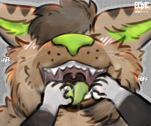 anthro black_body black_fur breath brown_hair duo eyes_closed first_person_view fur green_inner_ear green_nose green_tongue hair humanoid_hands imminent_vore male onomatopoeia open_mouth pink_mouth sharp_teeth sound_effects tan_body tan_fur teeth text tongue uvula white_body white_fur eliaslynxie elias_(eliaslynxie) felid feline lynx mammal mephitid skunk 6:5 absurd_res digital_drawing_(artwork) digital_media_(artwork) hi_res