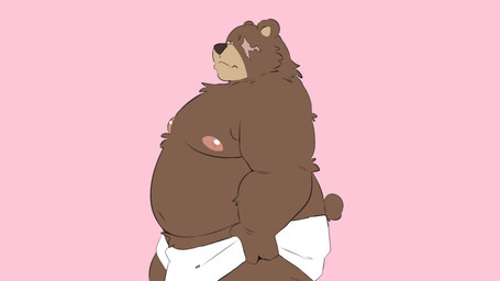 anthro belly brown_body brown_fur dancing facial_scar fur looking_at_viewer male missing_eye moobs navel nipples overweight overweight_male pink_background scar side_view simple_background solo towel towel_only angusart iyowa kyu-kurarin mihoyo zenless_zone_zero ben_bigger bear mammal 16:9 2025 digital_media_(artwork) widescreen