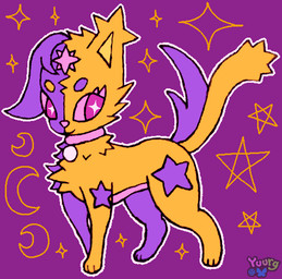 2_tails ambiguous_gender cat_tail chest_tuft circle_eyebrows collar collar_tag crescent_moon digital_coloring dog_tail duality eyebrows eyelashes facial_markings facial_tuft feral floppy_ears forehead_markings fur geometric_background head_markings head_tuft leg_markings looking_at_viewer markings mismatched_ears mismatched_eyebrows moon multi_tail multicolored_body multicolored_fur neck_tuft outline paws pink_collar pink_eyes pointy_ears prick_ears purple_body purple_fur quadruped simple_background solo sparklefur sparkles sparkling_eyes standing star tail three-quarter_view toony tuft white_outline yellow_body yellow_fur yuurg pupcat_stella_(yuurg) canid canine canis chimera domestic_cat domestic_dog elemental_creature felid feline felis light_creature mammal shadow_creature 2025 digital_media_(artwork) flat_colors full-length_portrait graphite_(artwork) mixed_media portrait traditional_media_(artwork) trans_(lore) trans_woman_(lore)
