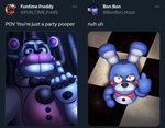 ambiguous_gender angry anthro blue_body blue_eyes bow_tie clothing countershading duo fake_screencap fingers gesture hand_gesture hat headgear headwear inside machine male middle_finger pink_body pink_countershading purple_eyes reverse_countershading text top_hat white_body blueji five_nights_at_freddy's scottgames sister_location funtime_freddy_(fnafsl) puppet_bonnie_(fnafsl) animatronic bear lagomorph leporid mammal rabbit robot robot_anthro 2023 absurd_res digital_drawing_(artwork) digital_media_(artwork) english_text hi_res meme shaded male_(lore)