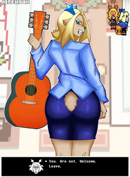 2_horns 5_fingers acoustic_guitar angry anthro antlers big_butt biped blazer blonde_hair blue_blazer blue_bottomwear blue_clothing blue_eyes blue_horn blue_lips blue_lipstick blue_nose blue_skirt blue_topwear bottomwear brown_body brown_ears brown_fur brown_tail butt clenched_teeth clothed clothed_anthro clothed_female clothing door eyelashes female female_anthro fingers fur furgonomic_bottomwear furgonomics guitar hair head_turned holding_guitar holding_musical_instrument holding_object horn humanoid_hands lips lipstick long_hair looking_at_viewer looking_back looking_back_at_viewer makeup mature_anthro mature_female musical_instrument outline pencil_skirt plucked_string_instrument pupils rear_view short_tail skirt snout solo standing string_instrument tail teeth text topwear white_outline white_text josexo4k deltarune undertale_(series) carol_holiday noelle_holiday deer mammal new_world_deer reindeer 2025 absurd_res artist_name english_text hi_res reference_image daughter_(lore) mother_(lore) mother_and_child_(lore) mother_and_daughter_(lore) parent_(lore) parent_and_child_(lore) parent_and_daughter_(lore)