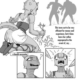 anthro armlet clothing corset faceless_character faceless_male female footwear group lingerie male sandals shoes text topwear trio slappps microsoft the_elder_scrolls skips-softly argonian scalie 1:1 comic english_text hi_res monochrome