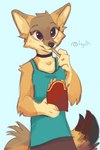 anthro blue_background eating female fingers food fries looking_at_viewer simple_background smile solo hyilpi mcdonald's taylor_(fuel) canid canine fox mammal 2022 digital_media_(artwork) hi_res