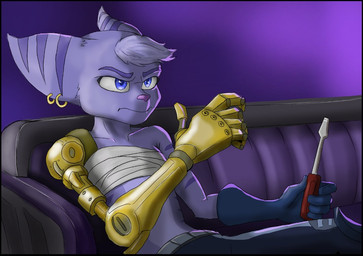 anthro bandage bandaged_chest blue_eyes body_stripes bottomwear chest_wraps clothing cybernetic_arm cybernetic_limb disability ear_piercing ear_ring female furniture head_tuft markings pants piercing prosthetic prosthetic_arm prosthetic_limb ring_piercing robotic_arm robotic_limb screwdriver sofa solo tools tuft wraps sharufiko ratchet_and_clank sony_corporation sony_interactive_entertainment rivet_(ratchet_and_clank) lombax mammal 2024