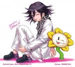 ambiguous_gender bottomwear clothing duo flower footwear hair looking_at_viewer male not_furry one_eye_closed pants plant shirt shoes simple_background sitting smile tongue tongue_out topwear white_background pamvary danganronpa danganronpa_v3 spike_chunsoft undertale undertale_(series) flowey_the_flower kokichi_oma elemental_creature flora_fauna flower_creature human mammal crossover