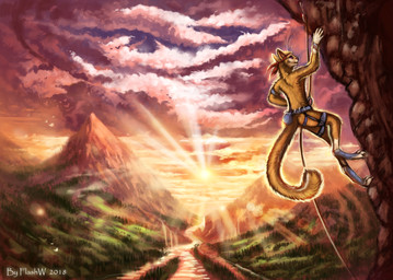 5_fingers anthro cliff climbing climbing_wall clothing dangling day detailed_background digitigrade fingers fur harness headgear headkerchief headwear high_place kerchief male mostly_nude outside plant red_clothing red_eyes red_headwear river side_view sky solo sun tree yellow_body yellow_fur flashw domestic_cat felid feline felis mammal 2018 digital_media_(artwork) full-length_portrait portrait