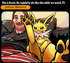 ambiguous_gender duo feral fur humor male pawpads paws perspective purple_eyes purple_pawpads sitting stretching text yellow_body yellow_fur blitzdrachin conditional_dnp nintendo pokemon canid eeveelution generation_1_pokemon human jolteon mammal pokemon_(species) english_text meme