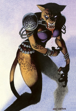 anthro armor blood bodily_fluids bracelet chain claws female glowing glowing_eyes gradient_background jewelry realistic simple_background snarling solo tail white_eyes kev_walker hasbro magic:_the_gathering wizards_of_the_coast mirri_the_cursed cougar felid feline mammal vampire detailed official_art signature