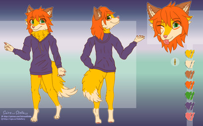 anthro blep bottomless clothed clothing countershade_face countershading front_view fur green_eyes hair inner_ear_fluff male one_eye_closed orange_hair pink_nose purple_clothing rear_view smile solo standing tongue tongue_out tuft wink yellow_body yellow_fur stellaamoris canid canine canis domestic_dog mammal 16:10 absurd_res hi_res model_sheet widescreen