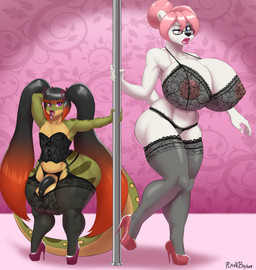 anthro areola ball_bra balls bangs big_balls big_breasts big_penis biped black_hair black_nose blue_eyes blunt_bangs bra breasts clothing corset duo eyewear female femboy footwear fur garter_straps genitals glasses green_body green_scales hair hair_bun high_heels huge_balls huge_breasts huge_hips huge_penis hyper hyper_balls hyper_breasts hyper_genitalia hyper_hips legwear lingerie lips long_hair long_tail male male/female markings multicolored_hair nipples one_eye_closed orange_hair panties penis pigtails pink_areola pink_hair pink_lips pink_nipples platform_footwear platform_heels pole pose purple_eyes red_hair scales shoes short_tail shortstack spots spotted_markings spotted_tail stockings stripper tail tail_markings thick_lips thick_tail thick_thighs thigh_highs topwear translucent translucent_clothing two_tone_hair underwear white_body white_ears white_fur white_tail wide_hips wink plankboy addison_(d3rped) blossom_(solarbear954) anaconda bear boa_(snake) boinae mammal polar_bear reptile scalie snake ursine 2018 absurd_res digital_media_(artwork) hi_res
