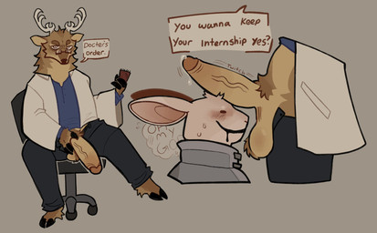 ambiguous_gender anthro antlers balls duo fur genitals horn humanoid_genitalia humanoid_penis male male/ambiguous penis tail text deadmeatboar animal_hospital roblox dr._harlow_(animal_hospital) cervine deer lagomorph leporid mammal rabbit red_deer digital_media_(artwork) english_text hi_res