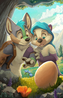 anthro backpack black_nose blue_eyes blue_sky cloud duo egg female female_anthro flower front_view fur grey_body grey_fur male male_anthro mouth_closed nude open_mouth orange_body orange_eyes orange_fur outside plant purple_body purple_fur rock sky tree white_body white_fur pandapaco canid canine mammal mustelid otter hi_res