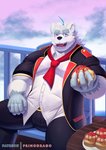 anthro blush bottomwear clothing detailed_background food fur humanoid_hands male musclegut muscular outside overweight overweight_anthro overweight_male pants shirt sitting solo topwear white_body white_fur primodrago knights_college paul_pfitzner bear mammal polar_bear ursine 2021 hi_res