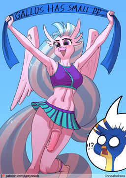 animal_genitalia animal_penis anthro balls banner beak bottomwear breasts cheerleader clothed clothing crossgender cutaway duo equine_genitalia equine_penis exclamation_point expression_cutaway feathered_wings feathers ftg_crossgender fti_crossgender genitals gynomorph hair holding_object humor interrobang intersex long_hair medial_ring midriff miniskirt multicolored_hair multicolored_tail navel open_beak open_mouth penis purple_eyes question_mark skirt solo_focus tail text two_tone_hair wings chrysalisdraws european_mythology friendship_is_magic greek_mythology hasbro my_little_pony mythology gallus_(mlp) silverstream_(mlp) avian hippogriff mythological_avian mythological_creature 2020 digital_media_(artwork) english_text hi_res url