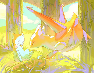 ambiguous_gender anthro blue_body claws duo eyes_closed feral floating grass multicolored_body pawpads paws plant size_difference tail tree two_tone_body vines seta629211 nintendo pokemon generation_1_pokemon generation_3_pokemon latias legendary_pokemon mew_(pokemon) pokemon_(species) shiny_pokemon 2026 hi_res female_(lore)