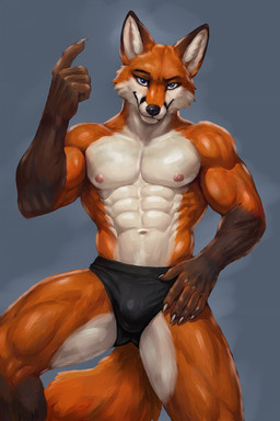 abs anthro athletic black_briefs black_clothing black_underwear blue_eyes briefs briefs_only bulge claws clothed clothing looking_at_viewer male muscular muscular_anthro muscular_male navel nipples smile smiling_at_viewer smirk smirking_at_viewer solo topless underwear underwear_only bleakcat canid canine fox mammal hi_res