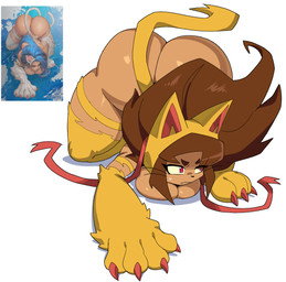 anthro ass_up big_butt breast_squish breasts brown_body brown_hair butt cosplay crossover_cosplay eyebrows eyelashes fangs female hair huge_butt magenta_eyes solo squish teeth thick_thighs whiskers wide_hips yellow_sclera cyberlord1109 capcom darkstalkers gameoverse glitch_productions felicia_(darkstalkers) kit_bodega domestic_cat felid feline felis mammal 2026 crossover hi_res