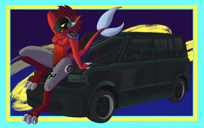 3_toes abstract_background anthro border breasts brown_hair car claw_fingers claws feet female fin genitals hair machine navel nude on_car pose red_body sitting solo tail tail_fin tattoo toes vehicle vulva unknown_artist vicproto toyota union_pacific_railroad victoria_[vicproto] protogen absurd_res hi_res source_request