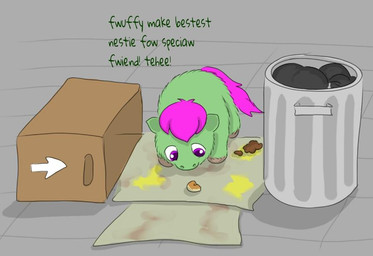 ambiguous_feral ambiguous_gender baby_talk bag bodily_fluids box cardboard cardboard_box container dessert dialogue doughnut feces feral food front_view fur genital_fluids green_body green_fur green_text hair hooves looking_at_object pastry pink_eyes pink_hair pink_tail solo standing tail text trash_bag trash_can urine young young_ambiguous young_feral carpdime fluffy_pony fluffy_pony_(species) mammal digital_media_(artwork) english_text