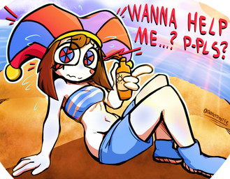 alternate_costume asking_for_help bangs beach beach_background bell belly bent_legs bikini bikini_top blue_clothing blue_eyes blue_footwear blue_shoes blue_swimwear blush blush_stickers bodily_fluids breasts brown_hair clothing clown crotch_lines earless embarrassed eyelashes female flying_sweatdrops fool's_hat footwear hair hand_on_ground hat headgear headwear jester long_bangs long_eyelashes looking_at_viewer multicolored_eyes navel nervous noseless official_alternate_costume pattern_clothing pattern_swimwear pattern_topwear question_mark red_eyes red_text sand sea shoes short_hair simple_background sitting small_breasts solo squiggle_mouth striped_clothing striped_swimwear striped_topwear stripes stuttering sunscreen sunset sweat sweatdrop swimming_trunks swimwear text thick_thighs topwear two-piece_swimsuit unusual_anatomy water white_body wide_hips diddlydooter1 glitch_productions the_amazing_digital_circus pomni_(tadc) digital_creature human humanoid mammal unknown_species artist_name hi_res signature