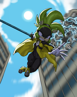 anthro artificial_wings black_outfit blue_eyes building clothing day ear_piercing electricity electricity_manipulation elemental_manipulation fake_wings female fur green_body green_fur grin jacket jumpsuit magnetism melee_weapon outside piercing ring_(jewelry) scrap sharp_teeth skyscraper smile solo sword teeth topwear weapon yellow_outfit diacordst idw_publishing sega sonic_the_hedgehog_(comics) sonic_the_hedgehog_(idw) sonic_the_hedgehog_(series) surge_the_tenrec afrosoricid mammal tenrec 4:5 absurd_res hi_res