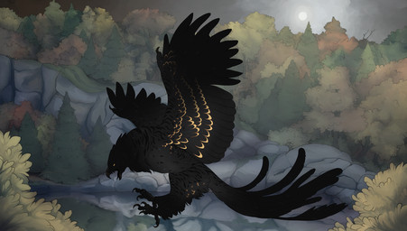 4_toes anisodactyl avian_feet beak black_beak black_body black_feathers claws detailed_background feathered_wings feathers feet feral forest open_mouth outside plant rock solo sun toes tree wings eyeofgalyx avian bird digital_media_(artwork) hi_res