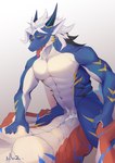 abs animal_genitalia anthro biceps black_claws black_horn blue_body blue_markings blush bodily_fluids claws cum cum_in_slit cum_inside duo eyes_closed genital_fluids genital_slit genitals hair hand_holding hand_on_leg hand_on_pecs hand_on_thigh horn male male/male male_penetrating markings muscular muscular_anthro muscular_male navel open_mouth pecs penetration penile penile_penetration penis penis_in_slit red_body saliva saliva_string simple_background slit_penetration slit_play teeth tongue tongue_out white_background white_body white_hair yellow_markings ninety_xc european_mythology mythology ausen dragon mythological_creature mythological_scalie scalie western_dragon hi_res