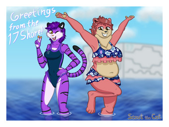 anthro big_breasts bikini bikini_skirt black_stripes blue_clothing blue_swimwear border breasts brown_eyes cleavage clothed clothing curly_hair duo female fur gesture hair hand_gesture hand_on_hip looking_at_viewer mane one-piece_swimsuit one_eye_closed overweight partially_submerged pattern_clothing pattern_swimwear pawpads pink_body pink_clothing pink_fur pink_hair pink_swimwear pose postcard purple_body purple_clothing purple_fur purple_hair purple_swimwear sea smile smiling_at_viewer standing stripes swimwear tan_body tan_fur text two-piece_swimsuit v_sign water white_body white_border white_fur wink winking_at_viewer yellow_eyes scoutthecat02 crystal_the_tiger garcella_(scoutthecat02) bear brown_bear felid grizzly_bear mammal pantherine tiger ursine 4:3 english_text hi_res