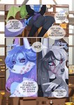 2022 anthro blue_hair breasts canid canine clothed clothing comic digital_media_(artwork) english_text etheria_(sorafoxyteils) eyebrows eyelashes female green_hair hair hi_res kuro_(sorafoxyteils) mammal purple_sclera red_eyes sitting sora_(sorafoxyteils) sorafoxyteils text